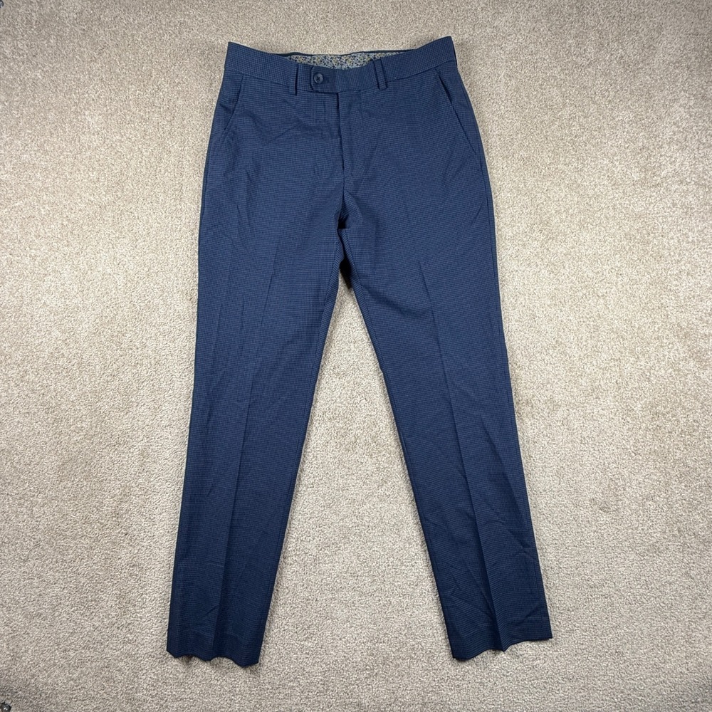 Original Penguin Mens Blue Micro Check Wool Blend Dress Pants 30W 30L Slim Fit